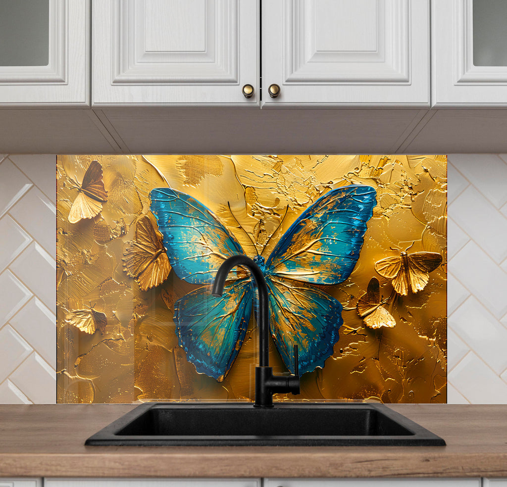 Golden Butterfly – Glass Kitchen Backsplash-BacksplashArtworks