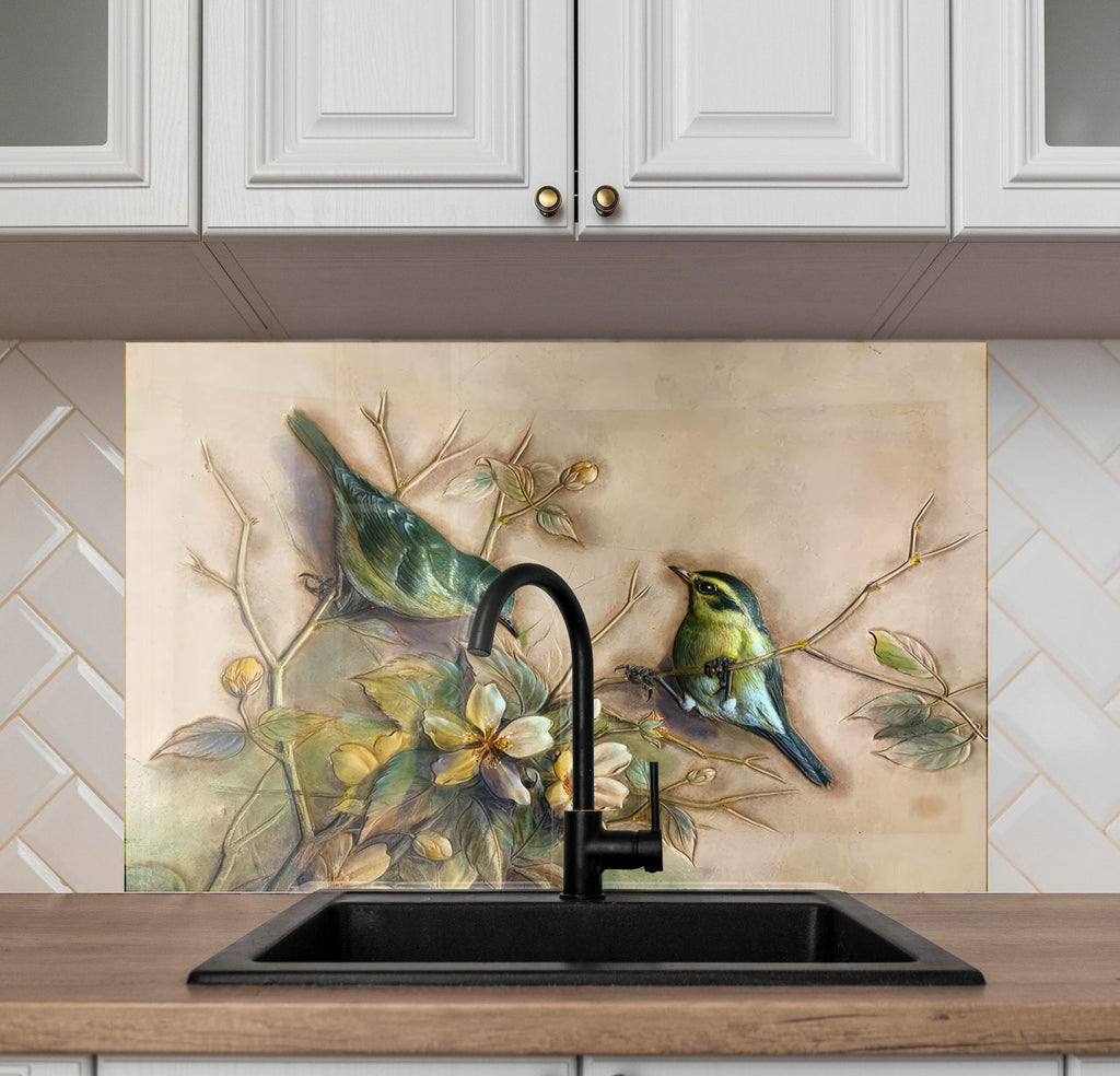 Vintage Birds & Blossoms – Glass Kitchen Backsplash-BacksplashArtworks