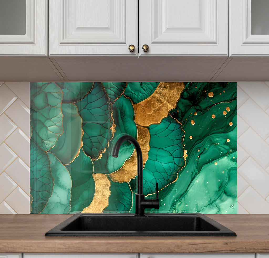 Emerald Gold Elegance - Glass Kitchen Backsplash-BacksplashArtworks