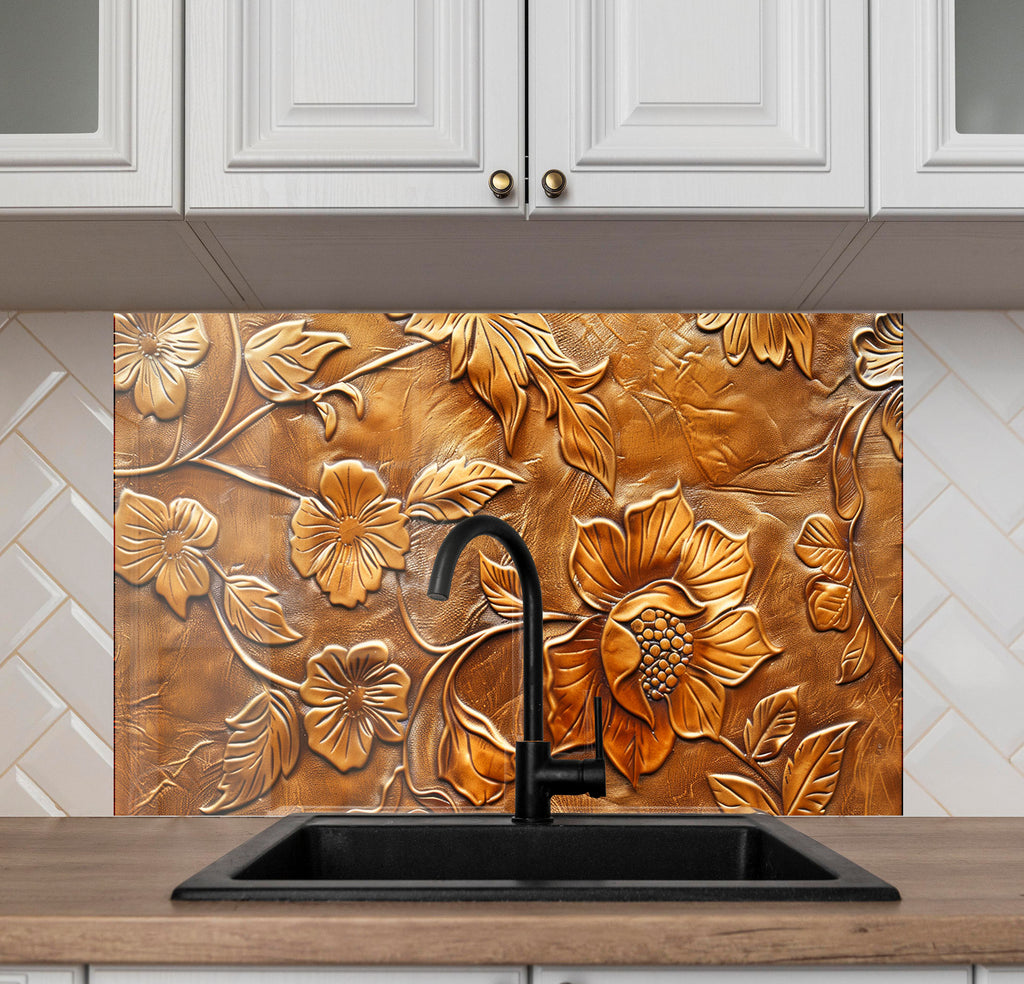 Golden Blossom Elegance - Embossed Glass Kitchen Backsplash-BacksplashArtworks