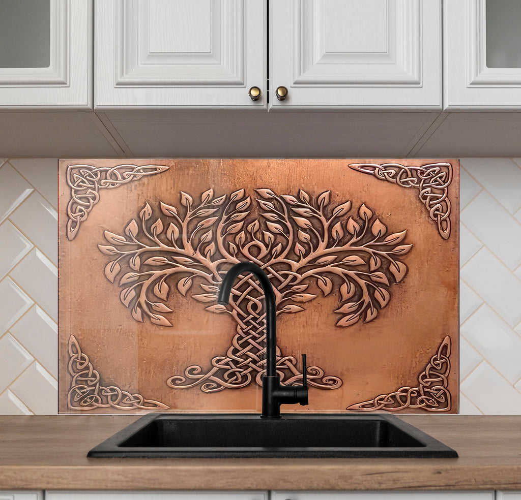 Celtic Tree of Life - Copper-Toned Glass Kitchen Backsplash-BacksplashArtworks