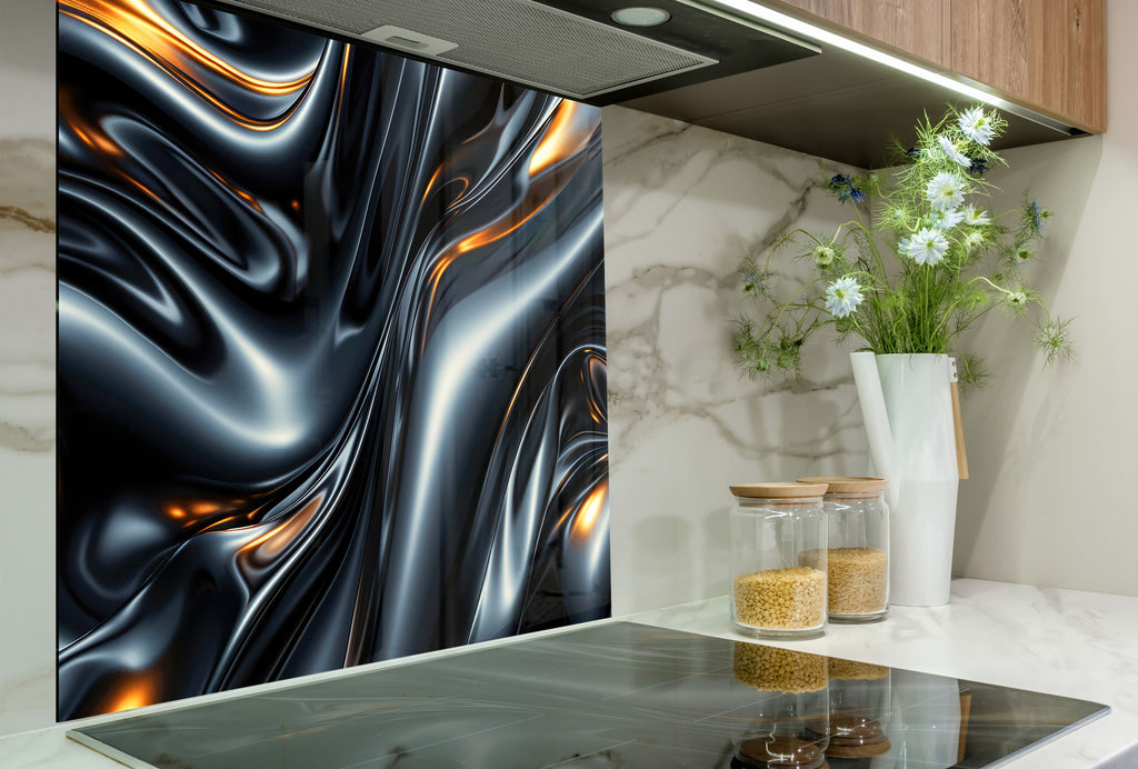Sleek Metallic Flow - Glass Kitchen Backsplash-BacksplashArtworks