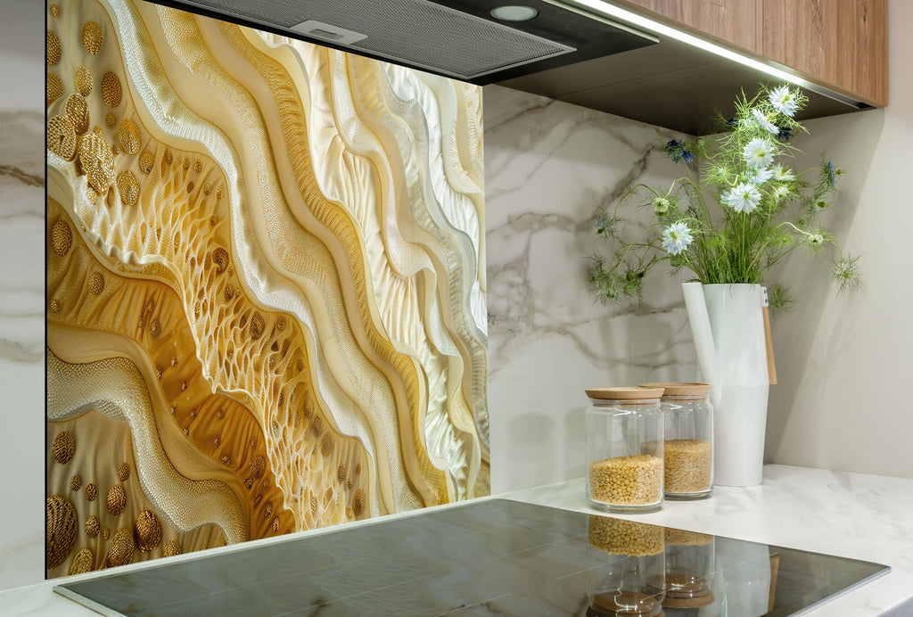 Golden Wave – Tempered Glass Kitchen Backsplash-BacksplashArtworks