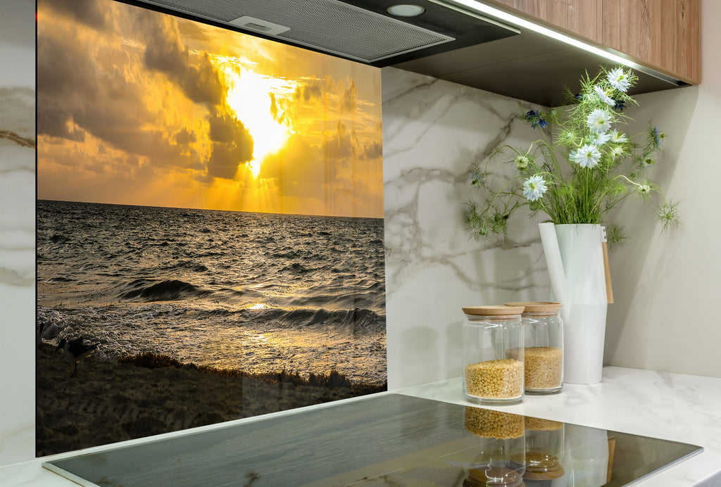 Golden Ocean Sunset Wall Art – Tempered Glass Kitchen Backsplash-BacksplashArtworks