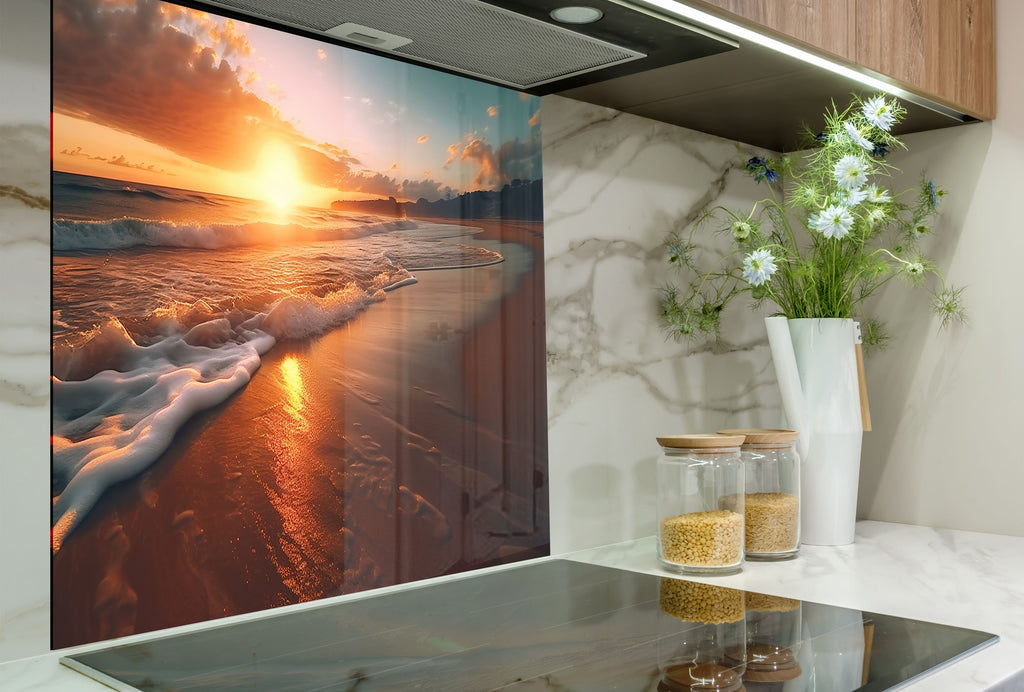 Golden Beach Sunset Wall Art – Tempered Glass Kitchen Backsplash-BacksplashArtworks