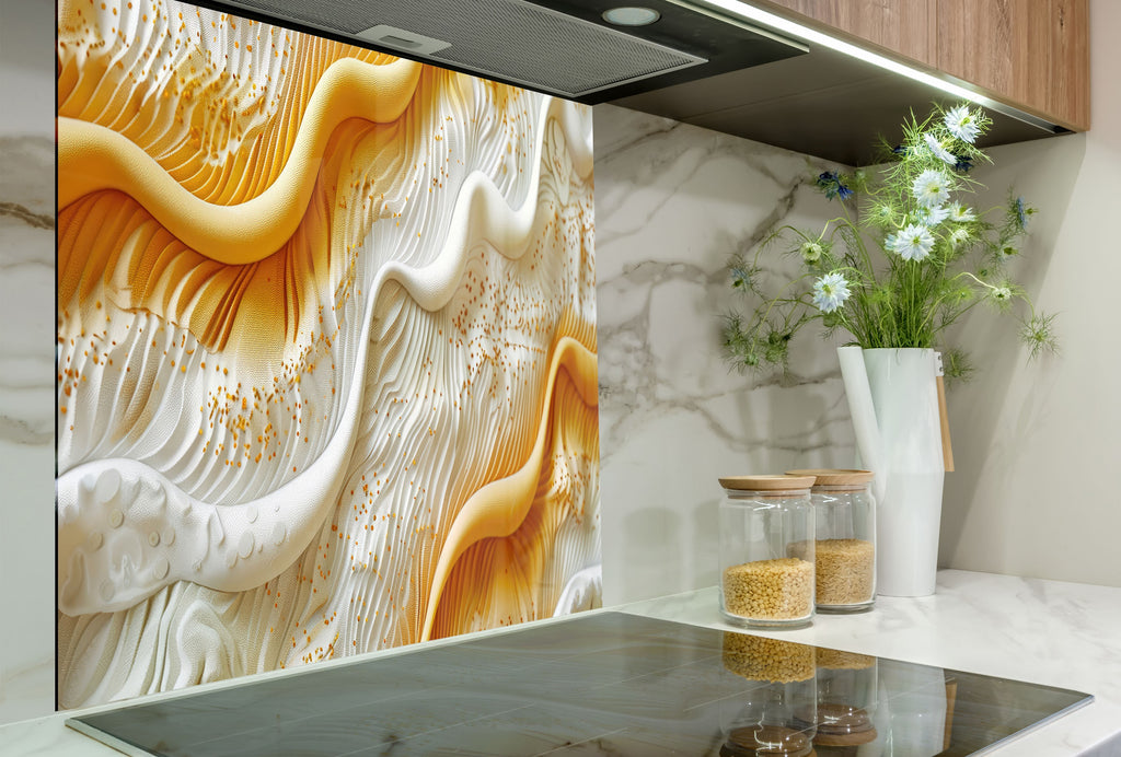 Golden & White Waves – Glass Kitchen Backsplash-BacksplashArtworks