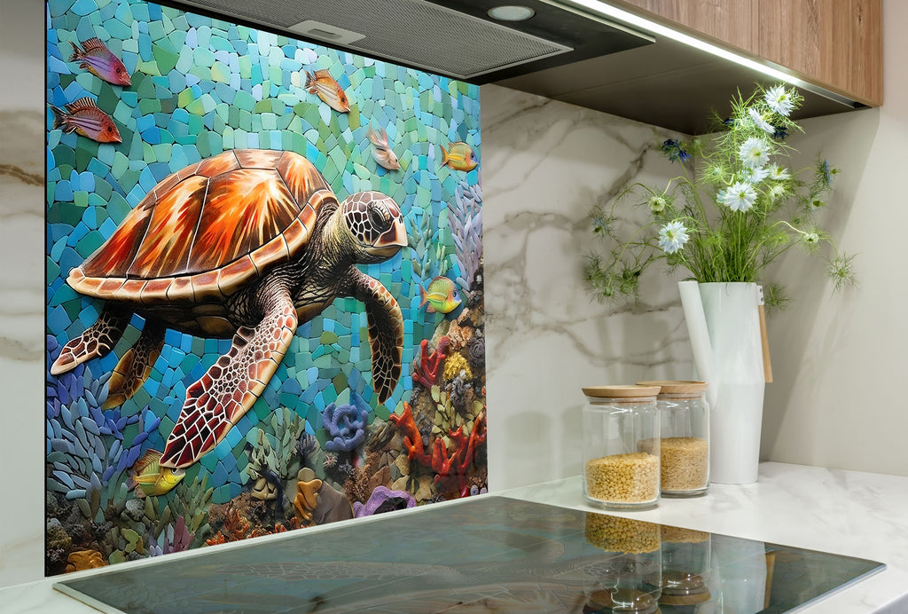 Ocean Mosaic Sea Turtle – Glass Kitchen Backsplash-BacksplashArtworks