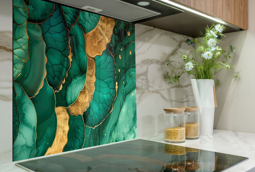 Emerald Gold Elegance - Glass Kitchen Backsplash-BacksplashArtworks