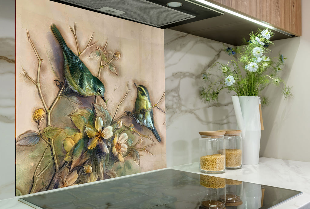 Vintage Birds & Blossoms – Glass Kitchen Backsplash-BacksplashArtworks