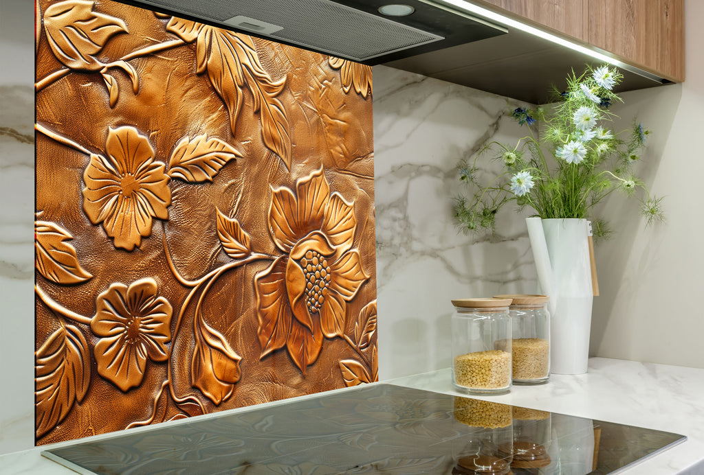 Golden Blossom Elegance - Embossed Glass Kitchen Backsplash-BacksplashArtworks
