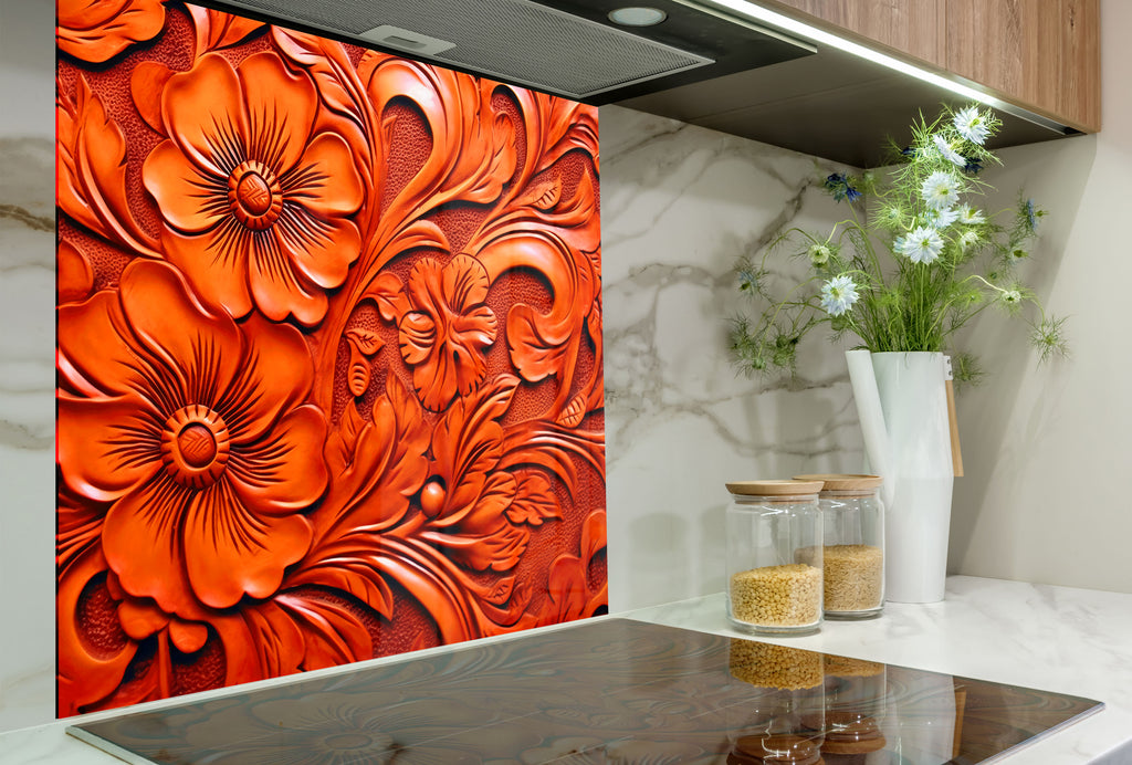 Fiery Floral Engraving - Glass Kitchen Backsplash-BacksplashArtworks
