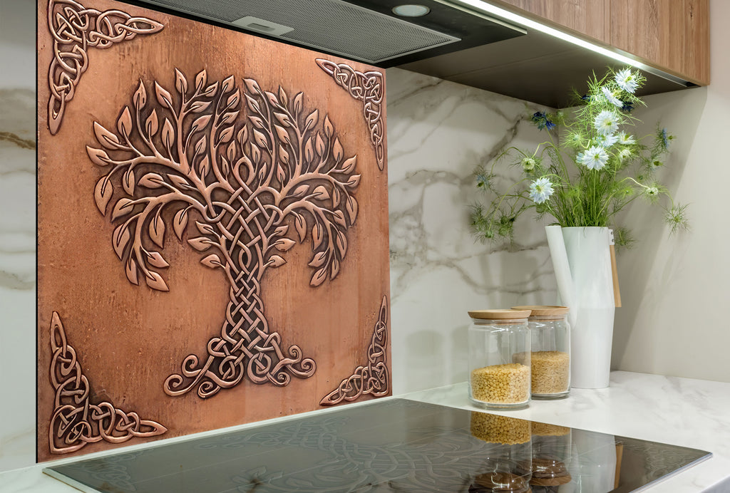 Celtic Tree of Life - Copper-Toned Glass Kitchen Backsplash-BacksplashArtworks