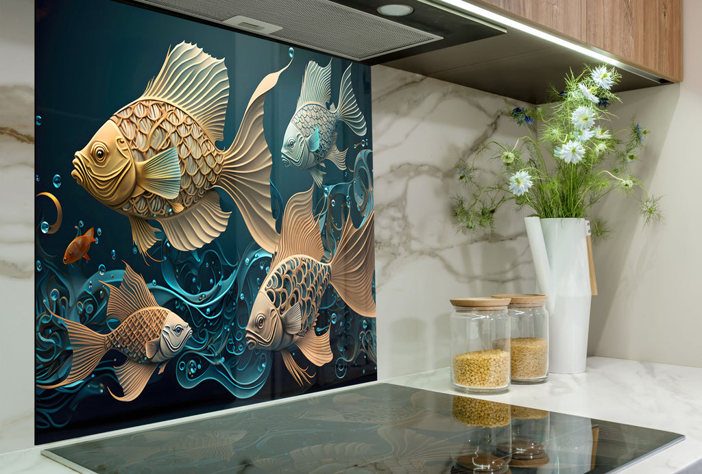 Gold & Blue Fish – Glass Kitchen Backsplash-BacksplashArtworks