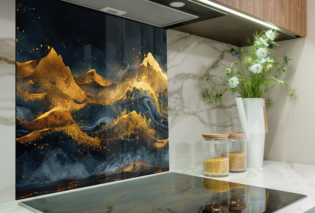 Golden Peaks - Glass Kitchen Backsplash-BacksplashArtworks
