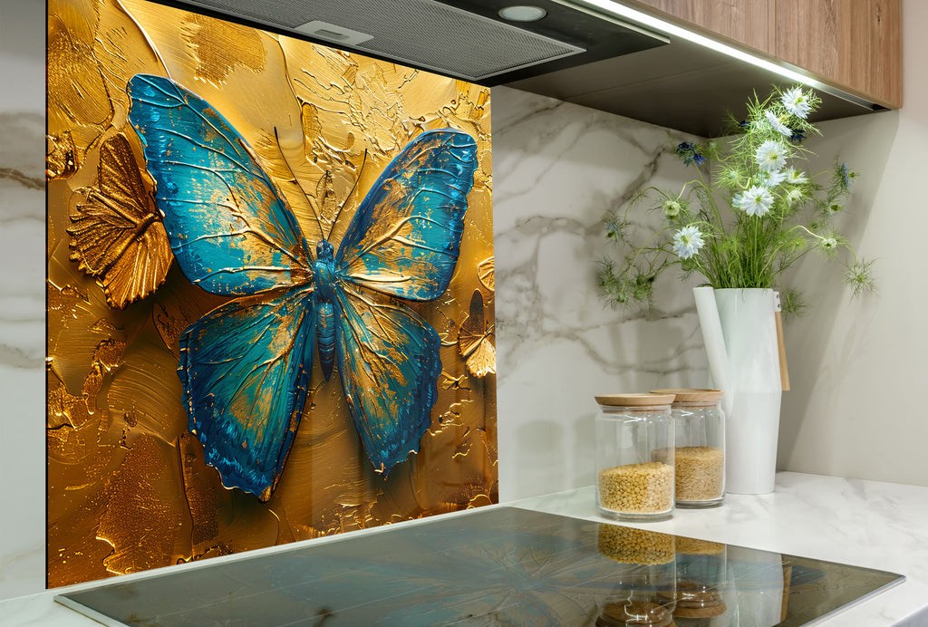 Golden Butterfly – Glass Kitchen Backsplash-BacksplashArtworks
