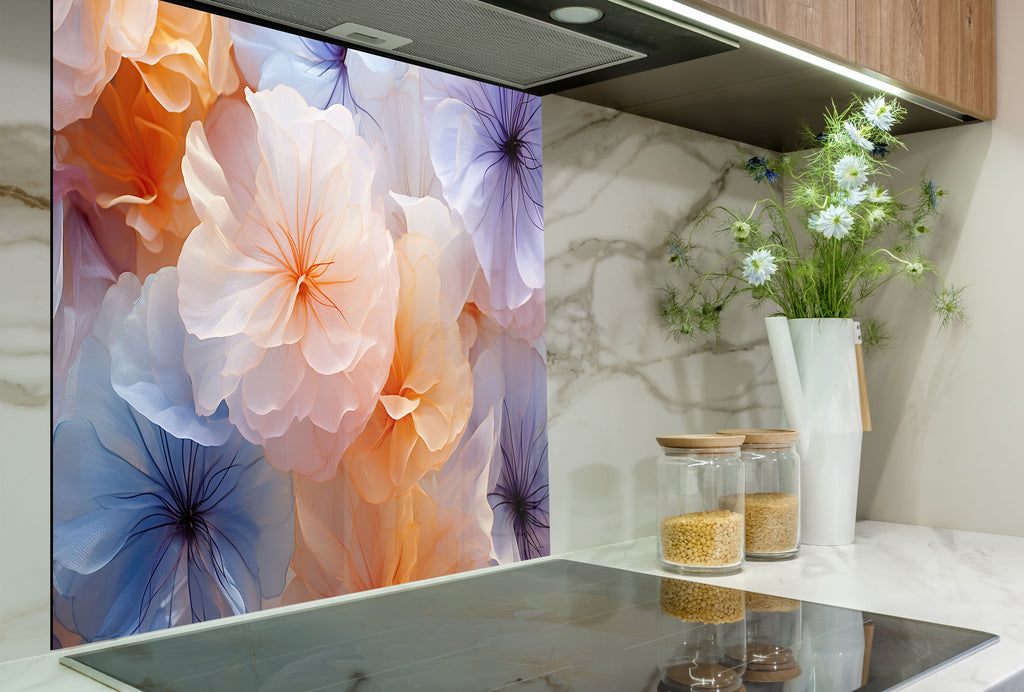 Ethereal Floral Dream - Glass Kitchen Backsplash-BacksplashArtworks