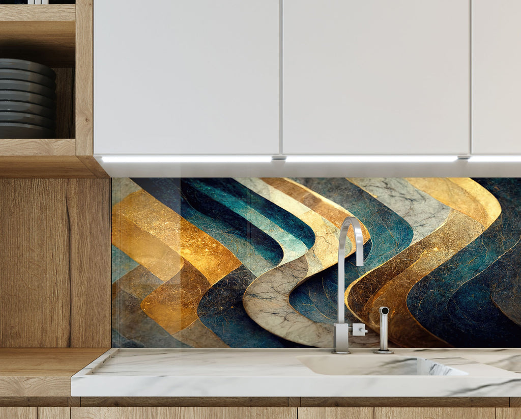 Elegant Navy & Gold - Glass Kitchen Backsplash-BacksplashArtworks