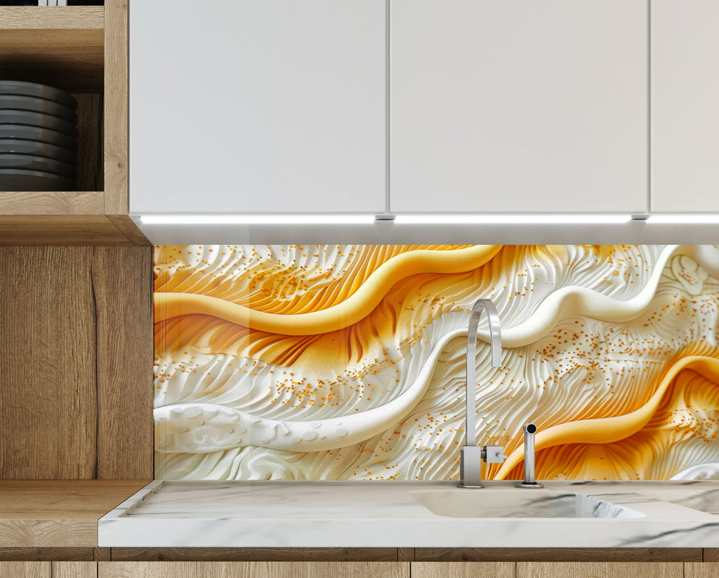 Golden & White Waves – Glass Kitchen Backsplash-BacksplashArtworks