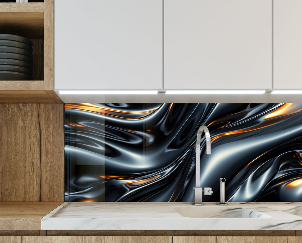 Sleek Metallic Flow - Glass Kitchen Backsplash-BacksplashArtworks