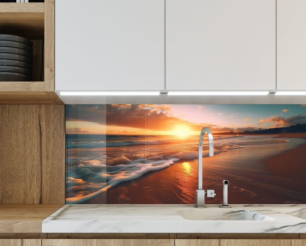 Golden Beach Sunset Wall Art – Tempered Glass Kitchen Backsplash-BacksplashArtworks