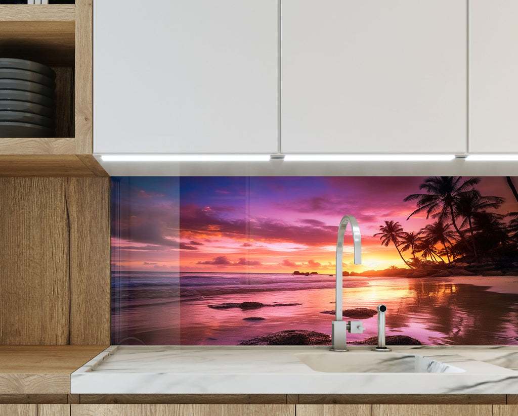 Tropical Sunset Beach Wall Art – Tempered Glass Kitchen Backsplash-BacksplashArtworks