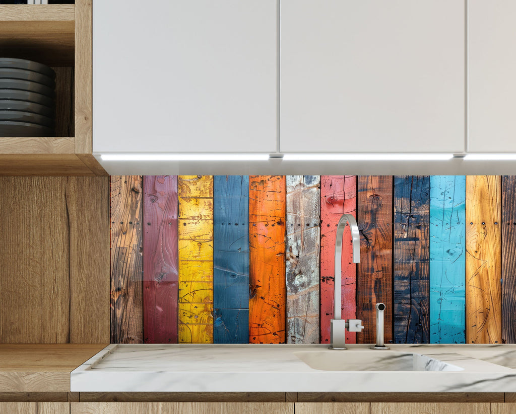 Colorful Wood Panel - Glass Kitchen Backsplash-BacksplashArtworks