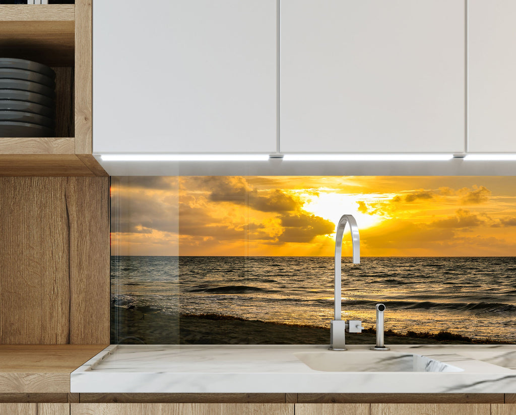 Golden Ocean Sunset Wall Art – Tempered Glass Kitchen Backsplash-BacksplashArtworks