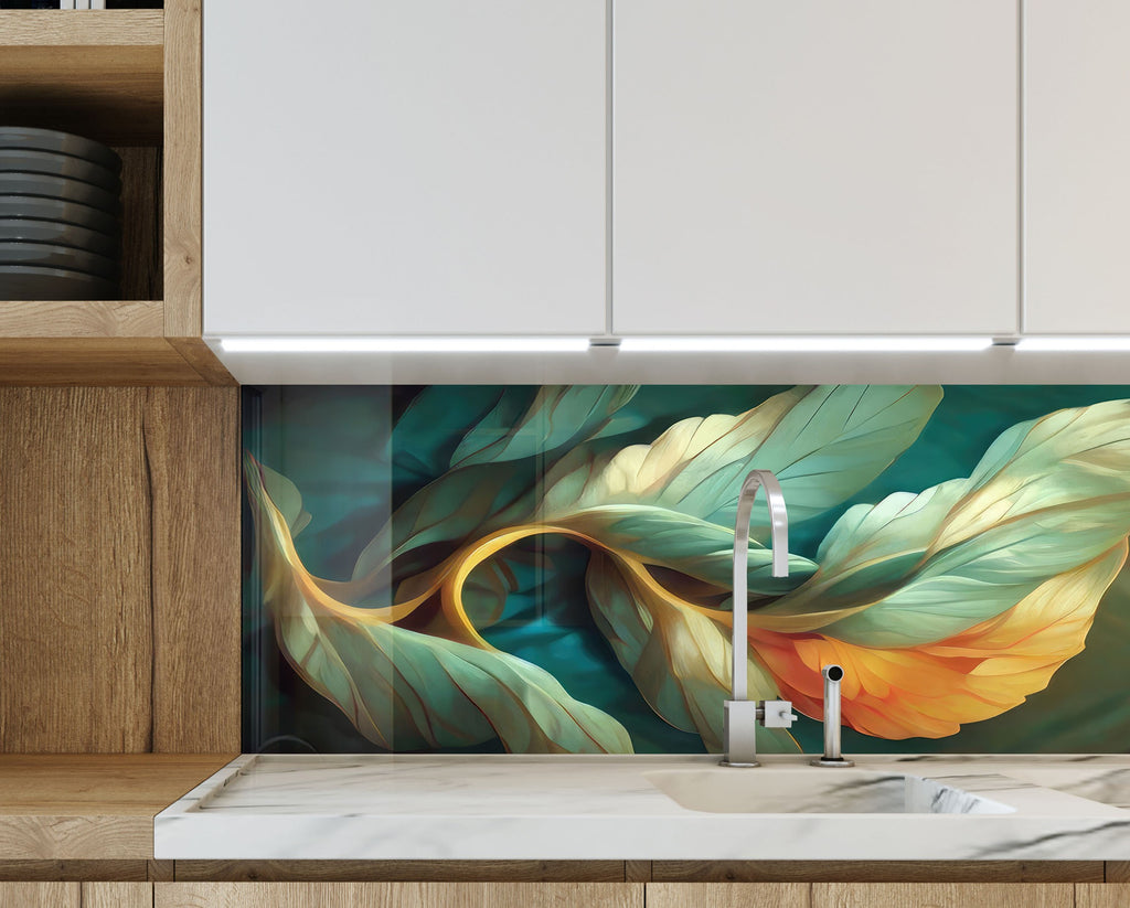 Whimsical Leaves – Glass Kitchen Backsplash-BacksplashArtworks
