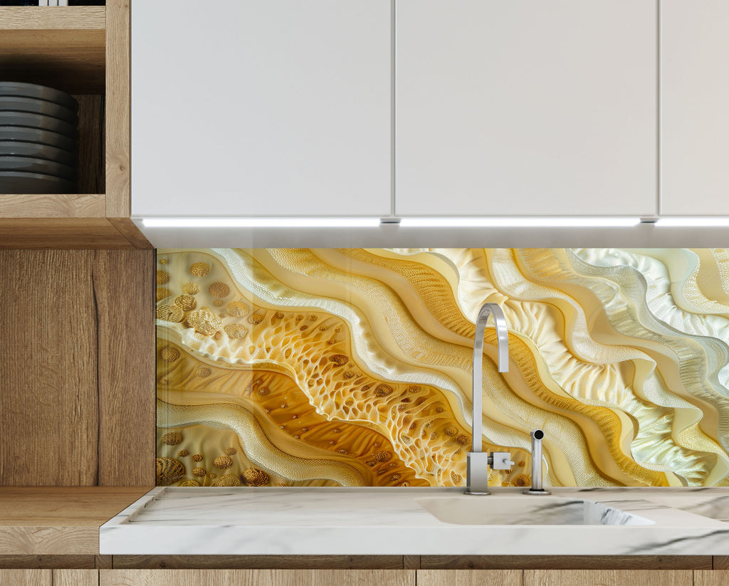 Golden Wave – Tempered Glass Kitchen Backsplash-BacksplashArtworks