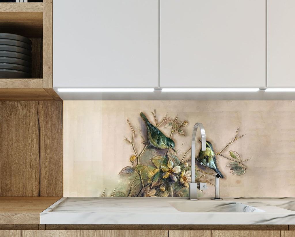 Vintage Birds & Blossoms – Glass Kitchen Backsplash-BacksplashArtworks