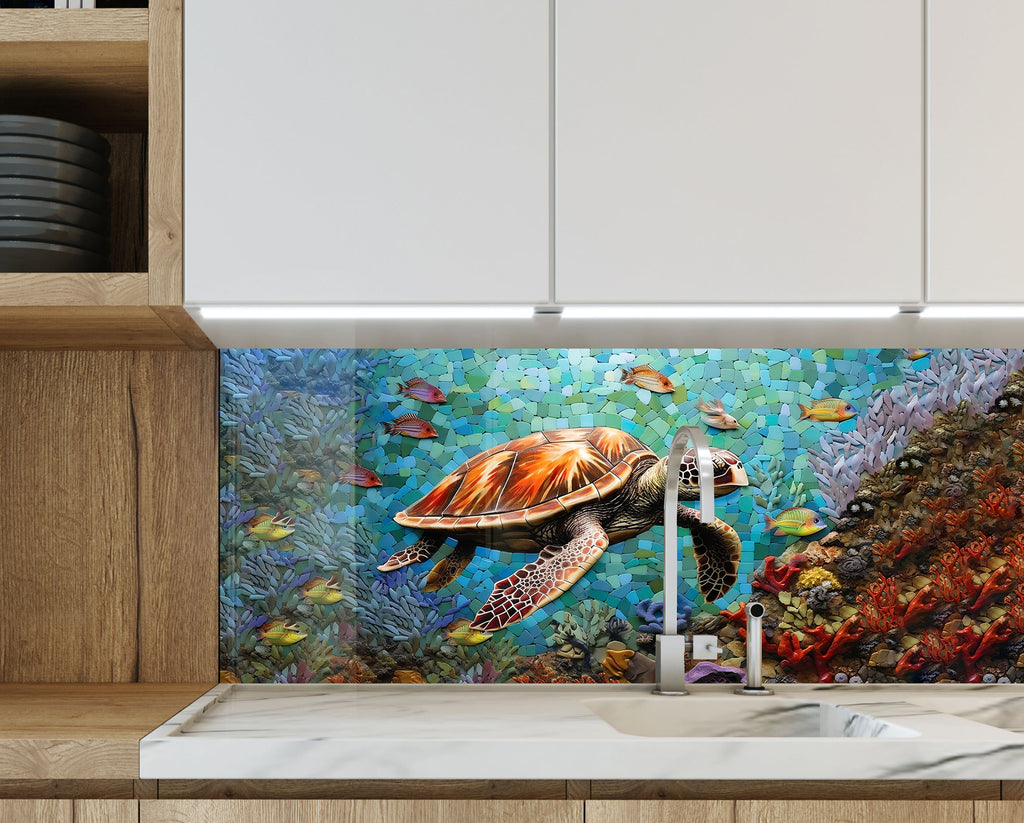 Ocean Mosaic Sea Turtle – Glass Kitchen Backsplash-BacksplashArtworks