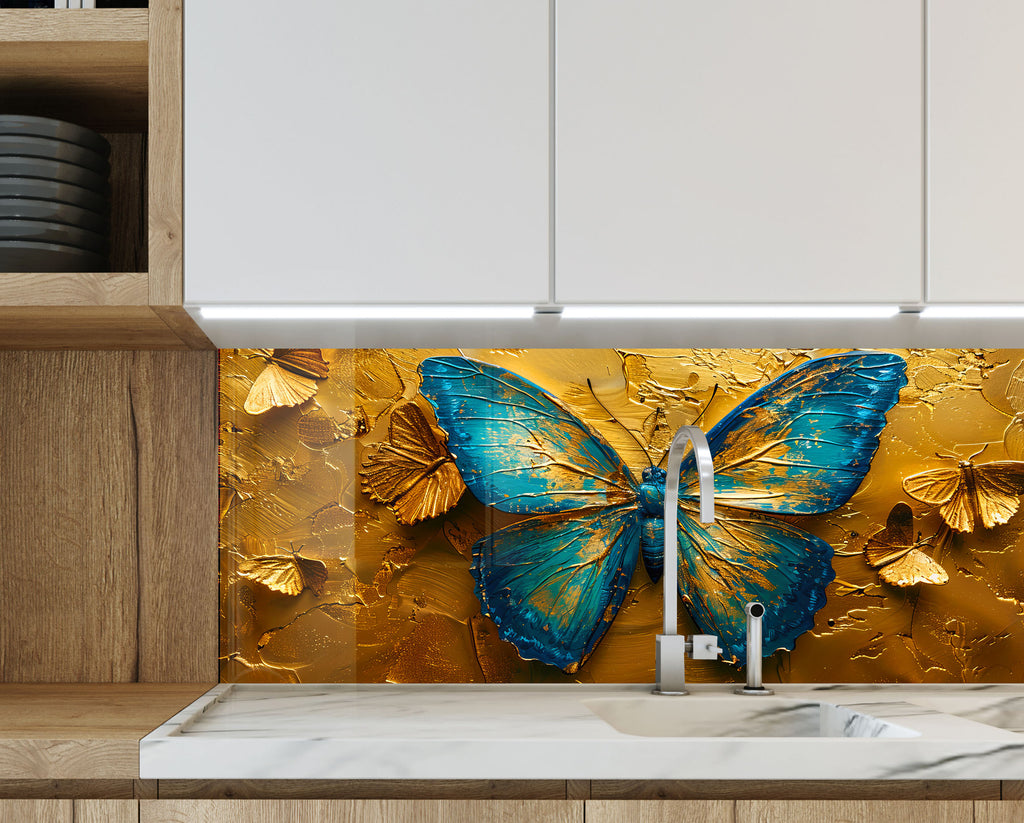 Golden Butterfly – Glass Kitchen Backsplash-BacksplashArtworks