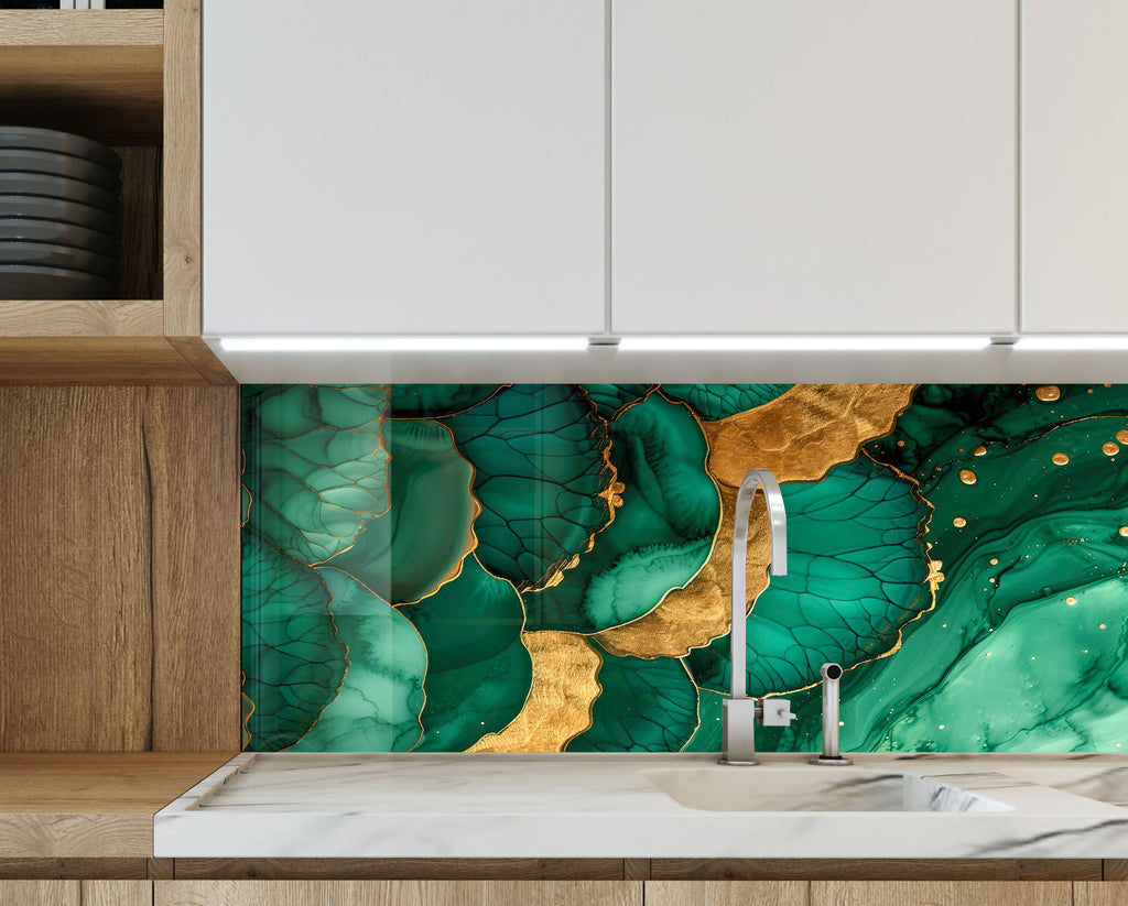 Emerald Gold Elegance - Glass Kitchen Backsplash-BacksplashArtworks