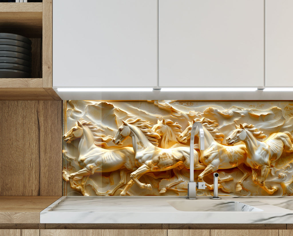 Golden Stallion Majesty - Embossed Glass Kitchen Backsplash-BacksplashArtworks