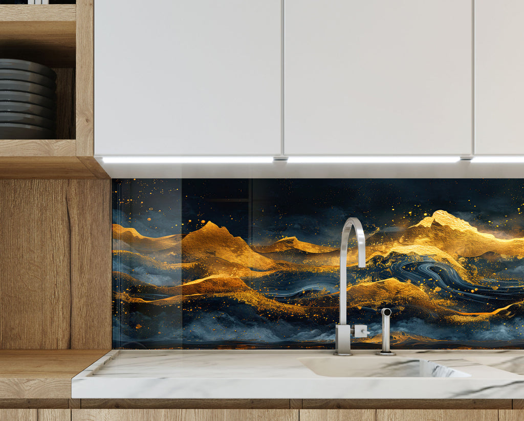Golden Peaks - Glass Kitchen Backsplash-BacksplashArtworks