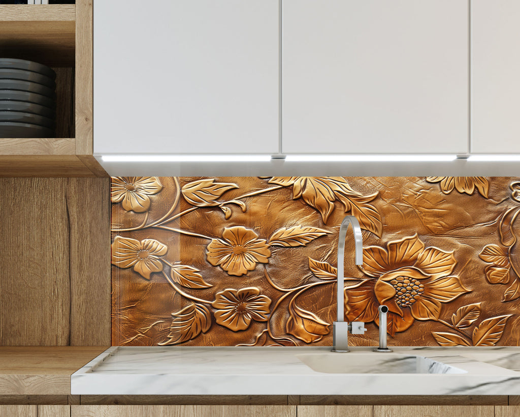 Golden Blossom Elegance - Embossed Glass Kitchen Backsplash-BacksplashArtworks