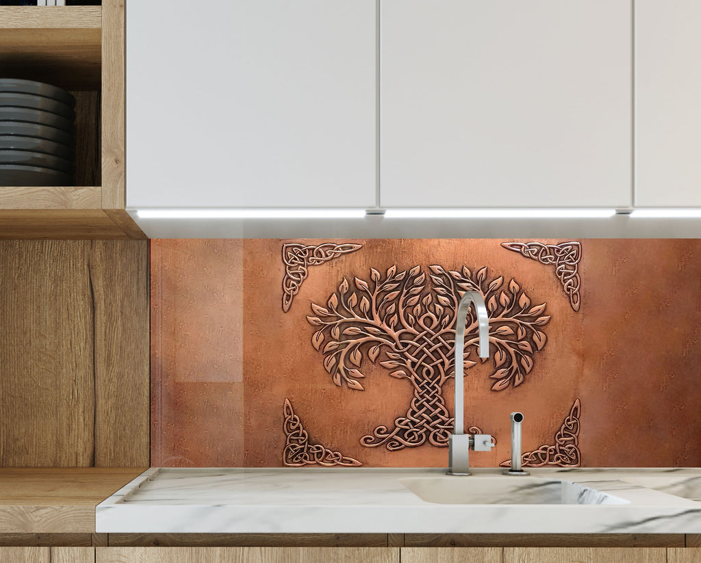 Celtic Tree of Life - Copper-Toned Glass Kitchen Backsplash-BacksplashArtworks
