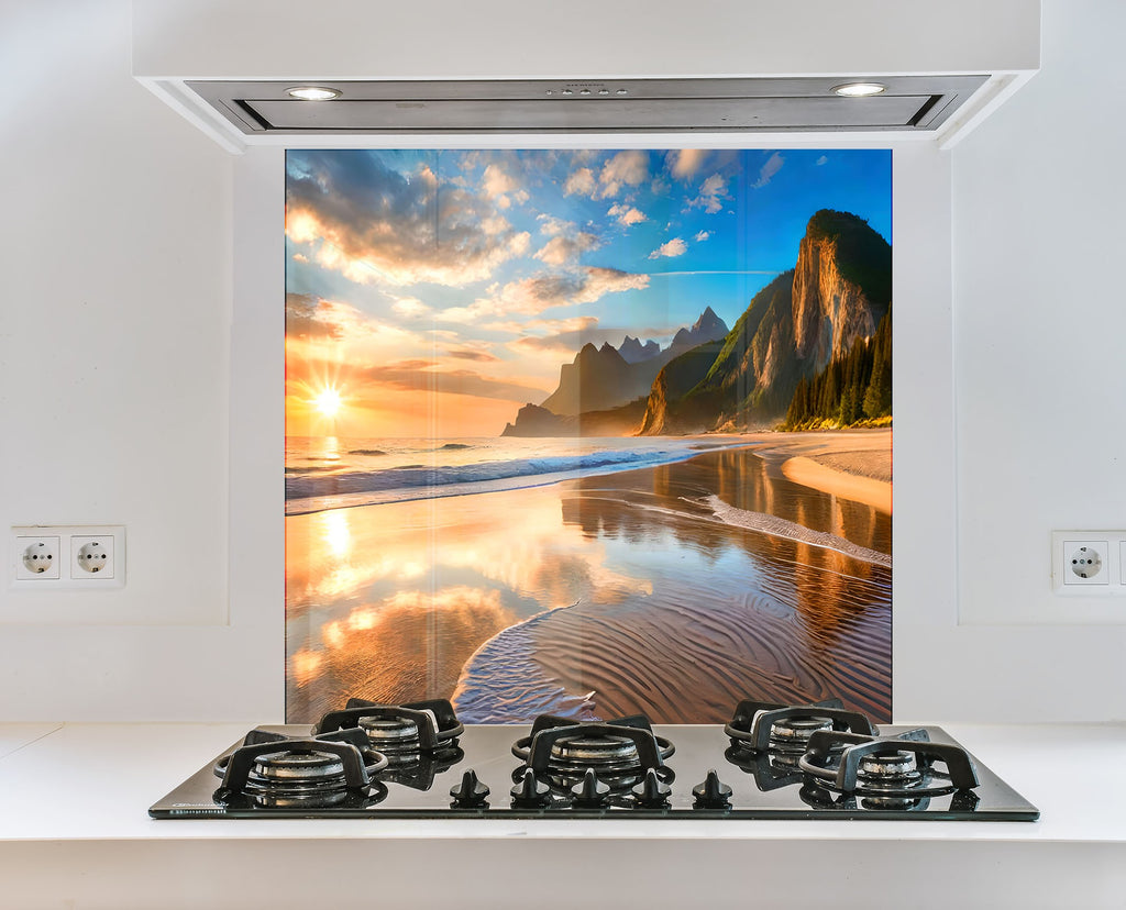 Majestic Mountain Beach Sunset Wall Art – Tempered Glass Kitchen Backsplash-BacksplashArtworks