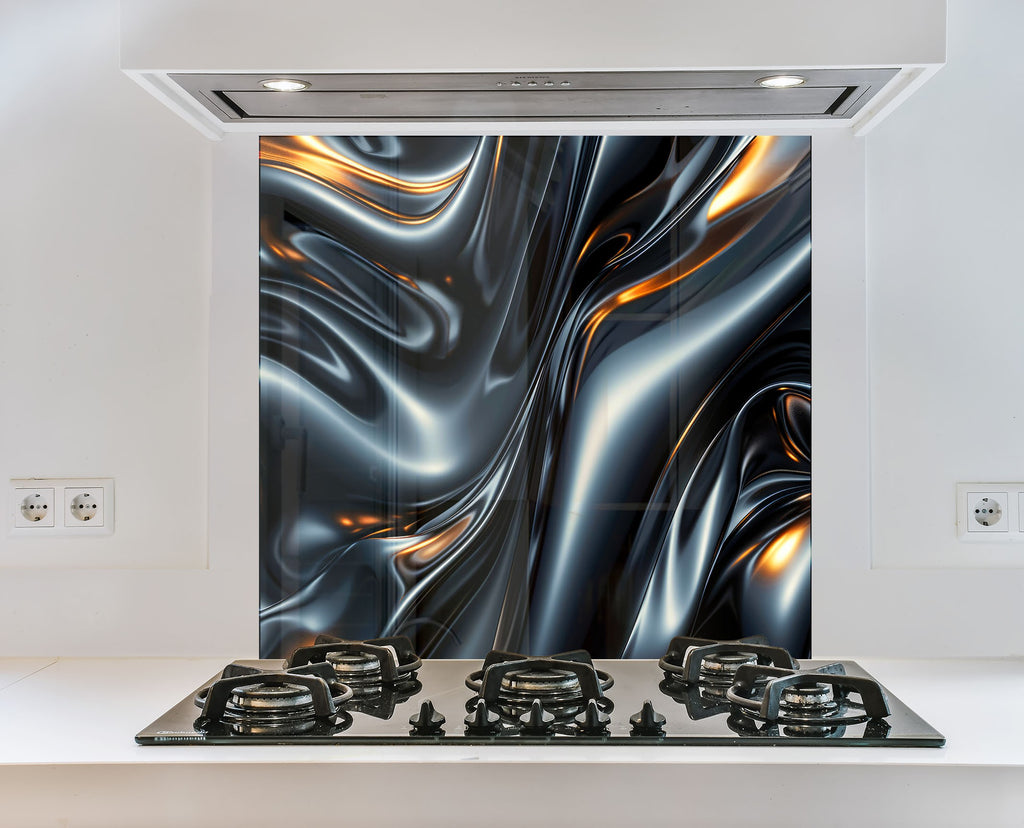 Sleek Metallic Flow - Glass Kitchen Backsplash-BacksplashArtworks