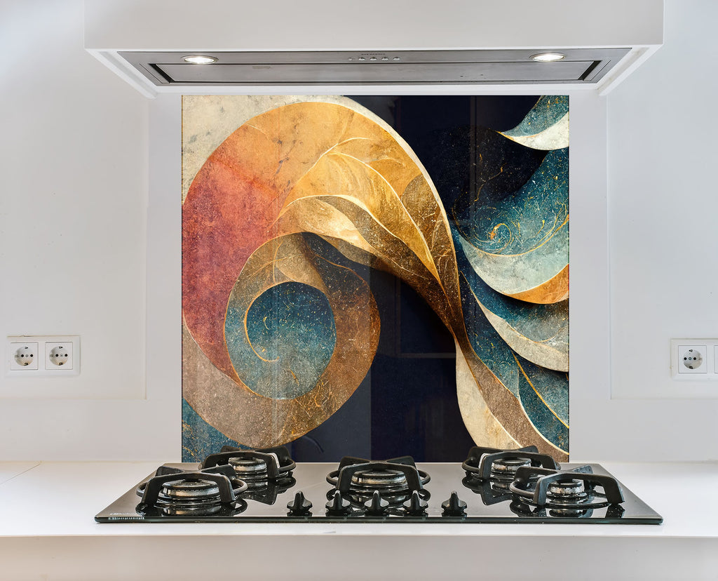 Abstract Gold & Blue - Glass Kitchen Backsplash-BacksplashArtworks