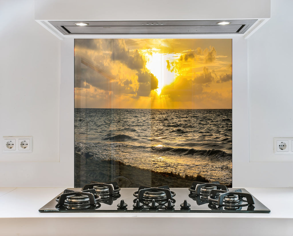 Golden Ocean Sunset Wall Art – Tempered Glass Kitchen Backsplash-BacksplashArtworks