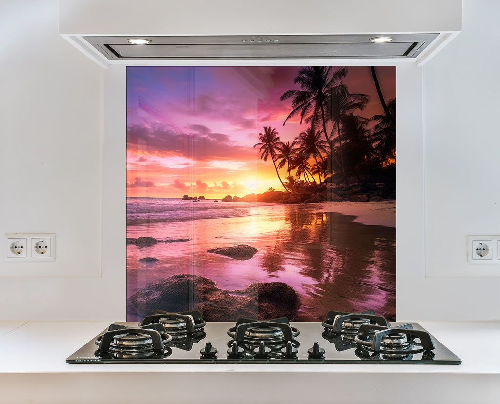 Tropical Sunset Beach Wall Art – Tempered Glass Kitchen Backsplash-BacksplashArtworks