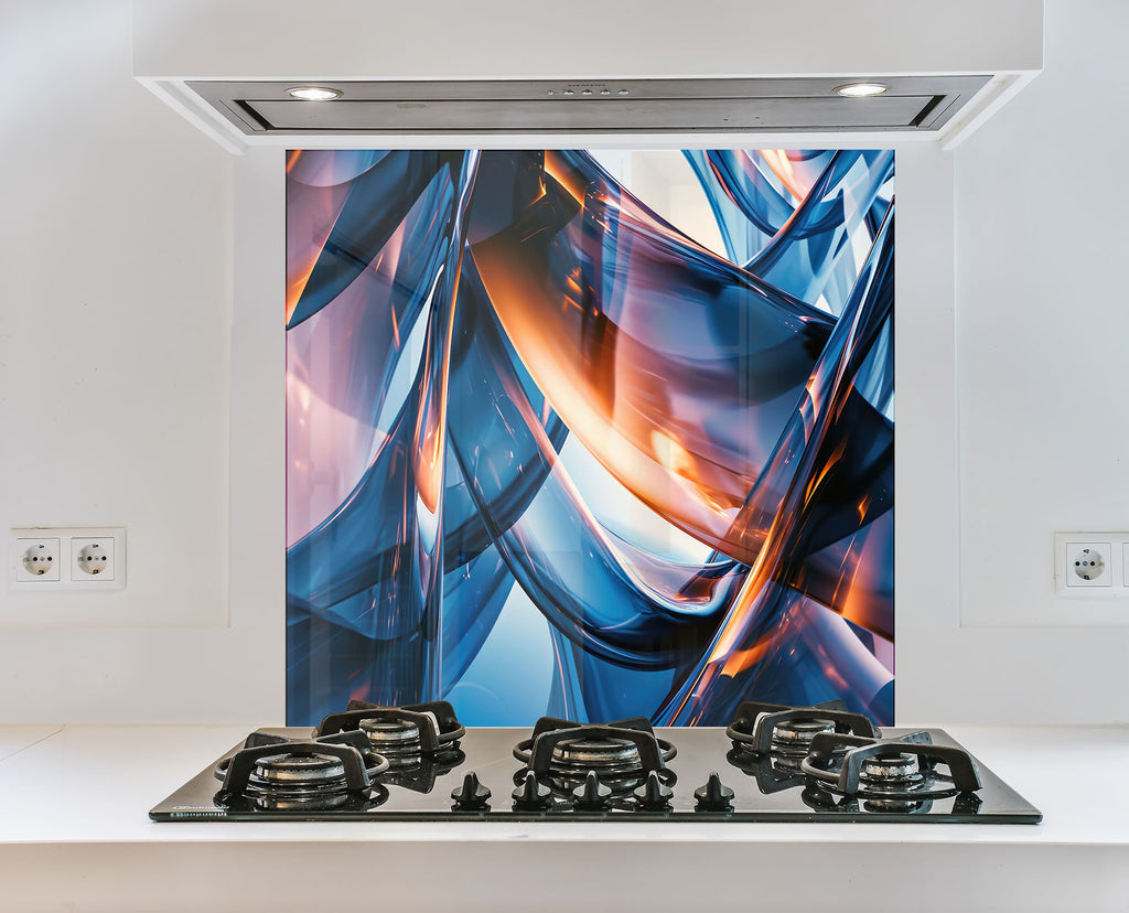 Blue Abstract Elegance – Glass Kitchen Backsplash-BacksplashArtworks