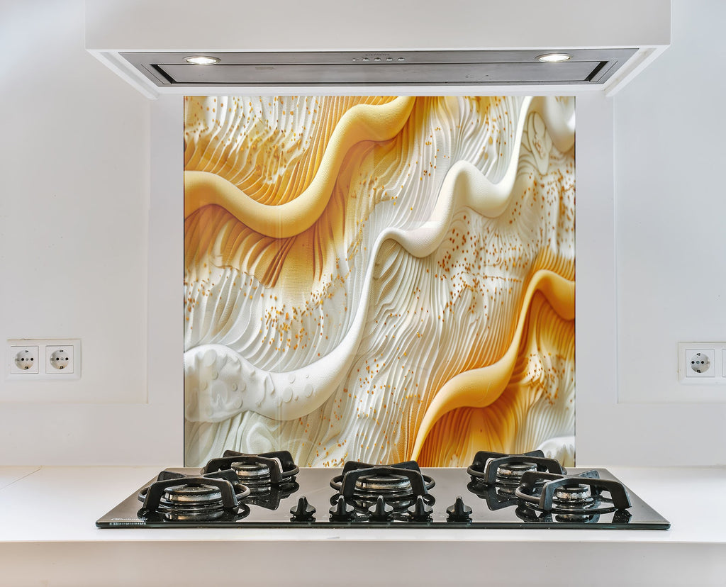 Golden & White Waves – Glass Kitchen Backsplash-BacksplashArtworks