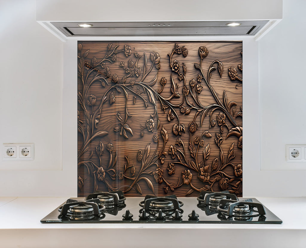 Rustic Elegance: Engraved Floral - Glass Kitchen Backsplash-BacksplashArtworks