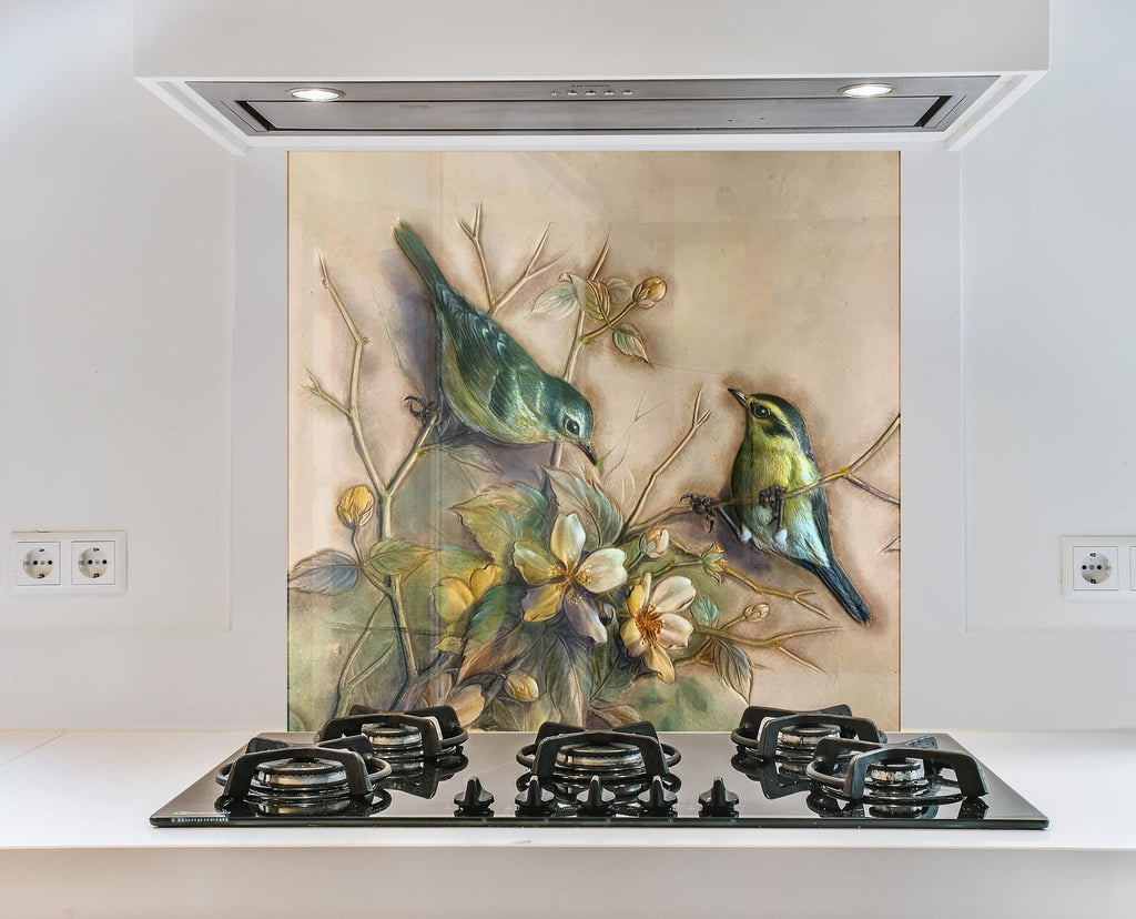 Vintage Birds & Blossoms – Glass Kitchen Backsplash-BacksplashArtworks
