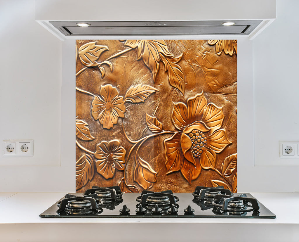 Golden Blossom Elegance - Embossed Glass Kitchen Backsplash-BacksplashArtworks