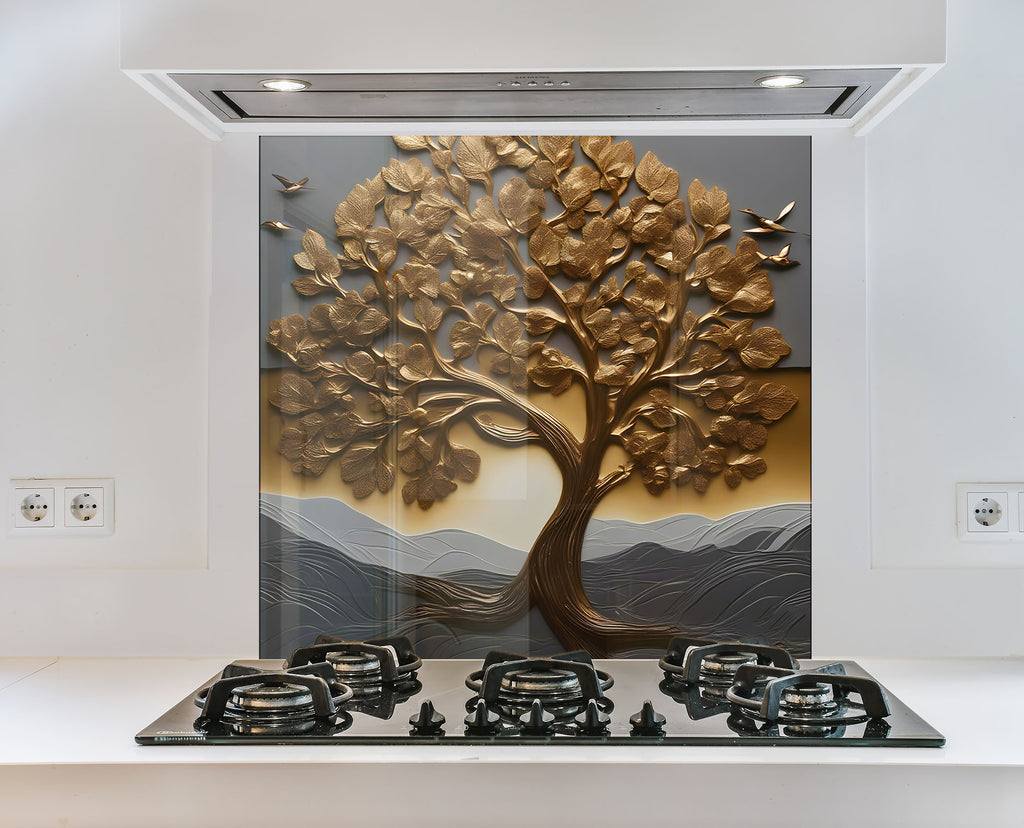 Golden Tree of Life - Glass Kitchen Backsplash-BacksplashArtworks