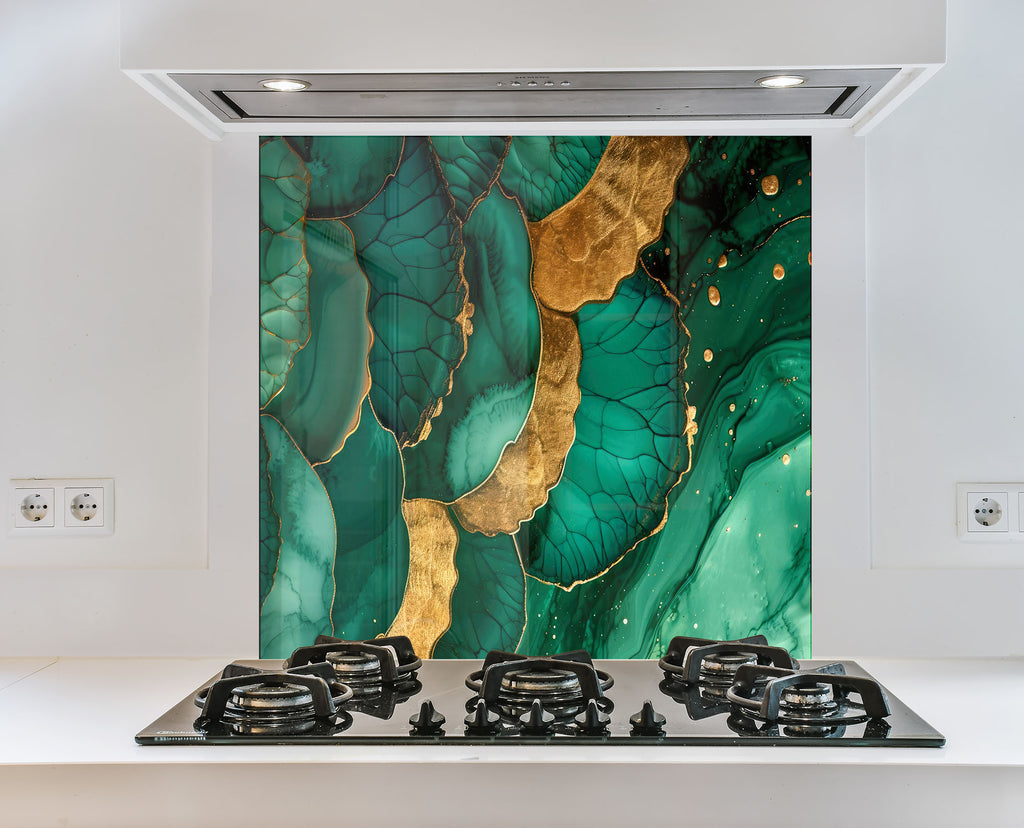 Emerald Gold Elegance - Glass Kitchen Backsplash-BacksplashArtworks