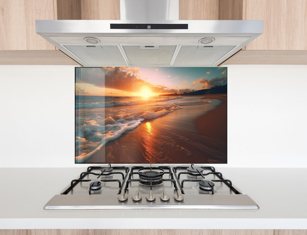 Golden Beach Sunset Wall Art – Tempered Glass Kitchen Backsplash-BacksplashArtworks